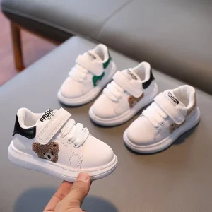 Children’s Spring and Autumn Breathable Soft Sports Running Sneakers Bear White Shoes for Children