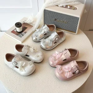 Children’s Stylish Loafer Shoes Princess Soft Rubber Outsole Baby Girls’ PU Leather Shoes