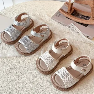 Children’s Summer New Item for Little Girls Sweet Style Hollow Out Soft Soled Princess Shoes Baby Rhinestone Metal Buckle Sandal