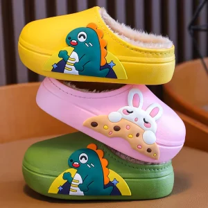 Children’s Unisex Plush Slippers Cute Animal Design Dinosaur Soft Warm Non Slip Winter Slippers PVC Insole Casual Kids Shoes