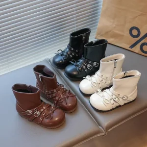 Children’s Unisex for Boots Autumn New Solid Color Fashionable Artificial Leather Zipper Up Belt Buckle Soft Bottom Boots