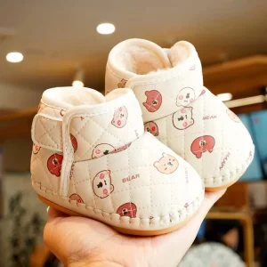 Children’s Winter Cotton Snow Boots Cartoon Design Infants’ Walking Shoes Baby Prewalker Shoes for Boys and Girls