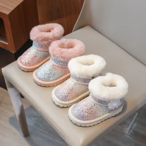 Children’s Winter Fashion Princess Non slip Slip on Soft Warm Shoes Girl Glitter Snow Boots