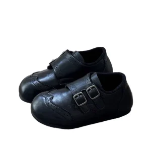 Children’s Winter Fleece-lined Leather Shoes Unisex British Style Velcro Non-slip Soft Bottom Loafers Princess Shoes