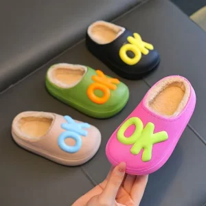 Children’s Winter Slip resistant Warm Soft Waterproof and Colorful Cartoon Letter Slippers