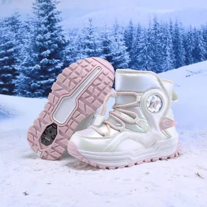Children’s Winter Snow Boots Fleece lined Extra thick Synthetic Leather Upper Unisex Non slip High top Snow Boots for Age 7 12