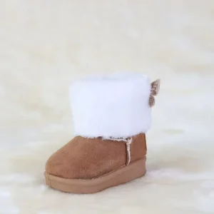 Children’s Winter Warm Soft Comfortable Brown Suede Snow Boots with Butterfly for Kids and Toddlers