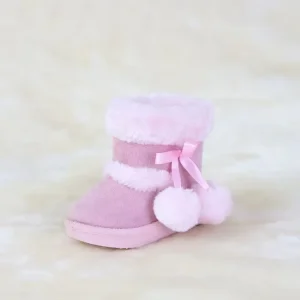 Children’s Winter Warm Soft Comfortable Pink Suede Snow Boots with Ribbon Bow for Kids and Toddlers