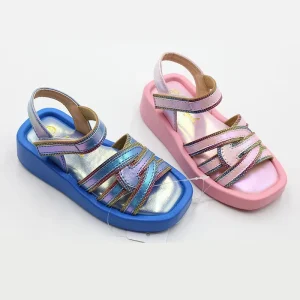 China Custom Shoes Stock Cartoon Cute Beach Shoes Children Flat Sandals Sandals for Girls with Shimmer Fabric Buckle