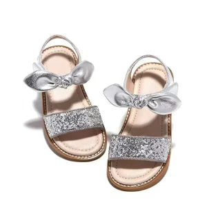 China Kids Shoes Girls Sandals Sliver Bow knot Design With Glitter Sandals Kids Fashion Flat Sandals Girls