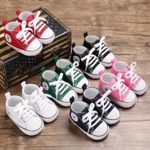 Chun Qiu Baby Shoes 0-1 Year Old Fashion Casual Canvas Shoes Men’s Women’s Lace-Up Closure Four Seasons Solid
