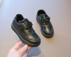 Classic Black School Shoes for Boys and Girls Breathable PU Leather Kids Sneakers Non Slip Children’s Daily Wear Flat Shoes