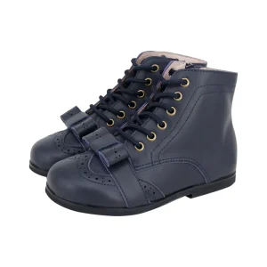 Classic Lace Size Zipper Closure Navy Plain Grain Leather Boots for Kids Girls
