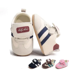 Classic Striped Baby Sneakers Soft PU & Canvas Hook & Loop Strap Infant First Walkers for 0-18 Months