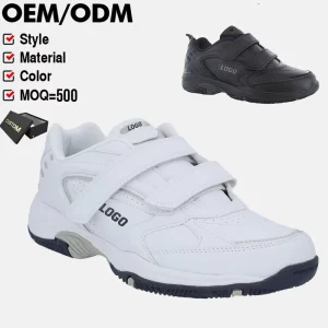 Classic Student Anti Torsion Breathable Children Sneaker Custom Strap PU Black White Kids School Shoes for Boys and Girls