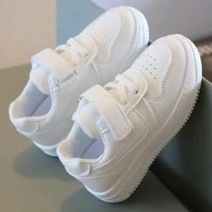 Classic White Kids Sneakers Breathable School Shoes with Strap Laces Lightweight Soft-Sole Casual Shoes for Boys & Girls