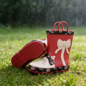 Classical Cartoon Cats Printed Red Rubber Waterproof Kids Rain Boots