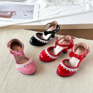 Closed Toe Protection Girls Low Heel Mary Jane Shoes With Bow Lace Trim for Kids Party Wedding Daily Wear