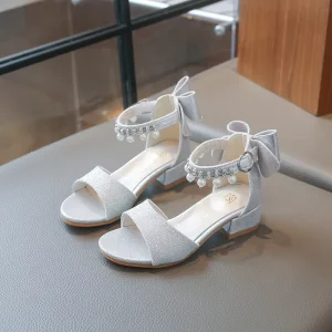 Comfort and Foot Protection Kids Girls Low Heel Sandals Pearl Bow Decor for Day Walking Party Daily Wear
