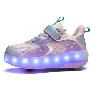 Comfortable Kids’ Sport Shoes Low Cut Mesh Design for Outdoor Walking Automatic Visible Two Wheeled Rollerskate