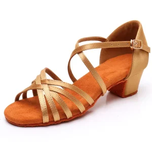 Comfortable Light Brown Cuban Low Heel Satin Dance Shoes Teenage Girls Children Ballroom Latin Practice Cowhide Upper Suede