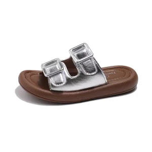 Comfortable Summer Slippers for Kids Girls Silver White Apricot Beach Sandals with Soft Rubber Bottom and Tassels