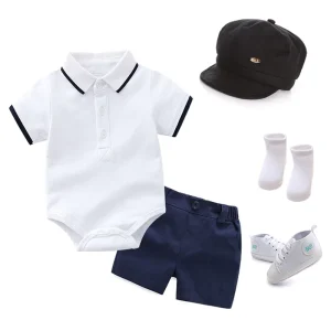 Cotton Summer Boy Turn down Collar Romper Jumpsuit + Hat + Shoes + Shorts Toddler Outfits Clothes Newborn Baby Boy Set