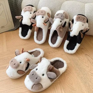 Cow Cartoon Slippers Winter Plush Slippers Home Indoor Warm Fluffy Fur Home Slippers