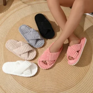 Cozy Winter Plush Slippers for Women Faux Rabbit Fur Open Toe Indoor EVA Outsole Breathable Thermal