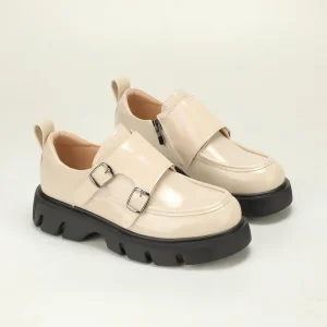 Cream Gloss Patent Double Pin Buckle Girls Platform Loafers Side Zipper Lug Heighten Sweet Cool Kids Leather Shoes