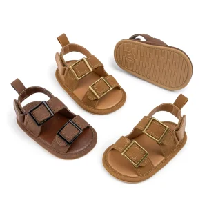 Cross Border Kids PU Leather Sandals Summer Soft Sole Unisex Shoes with Gold Black Buckles Certified