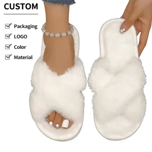 Cross Strap Women Fuzzy Plush EVA Anti Slip Soft Open Toe Fashion Home Indoor Four Season Custom Logo