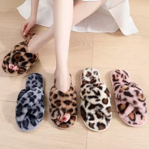 Cross Striped Plush Slippers for Autumn and Winter Indoor Warm Cotton Shoes with Thickened and Leaky Toes