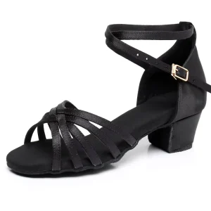 Cuban Heel Satin Latin Dance Shoes for Girls Black and Tan with PU Insole for Practice Performance