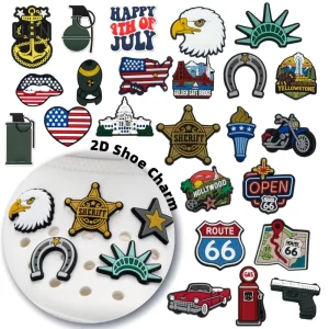 Custom 2D PVC Shoe Charms USA Route 66 Gas Station Vintage Car Motorcycle Gun Anchor Charms for Shoe Decoration