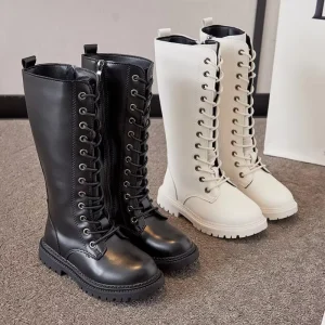 Custom Black White Kids Winter Knee-High Boots Lace-up Side Zipper Non-slip Waterproof Leather Girls’ for OEM ODM
