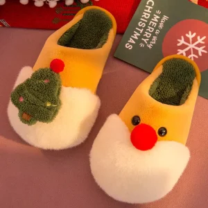 Custom Cartoon Christmas Winter House Plush Warm Anti Slip Couple Slippers