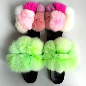 Custom Color Big Real Fluffy Fur Ball Pom Pom Fox Sandals Racoon Mommy and Kids Fur Flats Furry Toddler Baby Kids Fur Slides