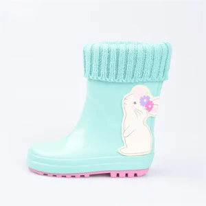 Custom Color Blue Gumboots Anti slip Warm Winter Rabbit Printing Kids Rubber Rain Boots With Collar