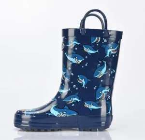 Custom Color Shark Dinosaur Printing Anti-slip Safety Kids Handle Rubber Rain Boots for Boy