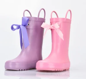 Custom Design Pink Color Gleit Bowknot Anti-slip Safety Kids Rubber Rain Boots for Girl