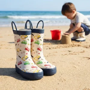 Custom Designer Handle Toddler Cartoon Chicken Gumboots Waterproof Quick Drying Cotton Lining Midi Height Kids Rain Boots