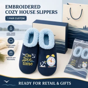 Custom Embroidered House Slippers Plush Lined Closed Toe Indoor Shoes Boy Girls Lake Theme Gifts Packaging OEM ODM B2B