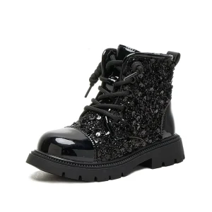 Custom Girls’ Glitter Sequin Boots Lace-Up Side Zipper Non-Slip Ankle Boots for Winter Party Casual Wear