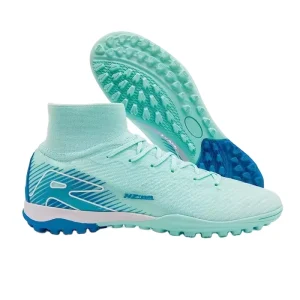Custom Indoor TF Soccer Cleats Mint Green High Top Laced with Blue Stripe Accents Men’s AG Football Boots Kids Training Shoes