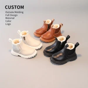 Custom Kids Chelsea Boots Girls Mid-Calf Genuine Leather Fleece Lined Non-Slip Lightweight Waterproof Outdoor Shoes