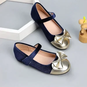 Custom Kids Flat Shoes Golden Pointed and Blue Velvet Dress Shoes