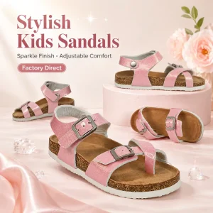 Custom Kids Sandals Glitter Design Cork Adjustable Strap Factory
