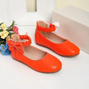 Custom Kids Shoes Solid Color Flats Bowknot with Knit PU Leather Girl Flat Dress Shoes