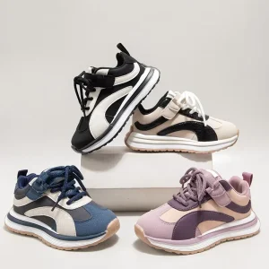 Custom Kids Sneakers OEM ODM Retro Color blocking Chunky Design Hook Loop Closure Thick Platform Sole Breathable Anti Slippery